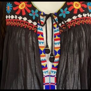 Johnny Was One Size Black Beaded Tunic Top Or Dress Floral Oversized Sheer